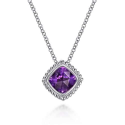 Gabriel & Co Sterling Silver Cushion Cut Amethyst Pendant Necklace