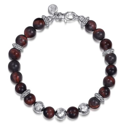 Gabriel & Co Sterling Silver 8MM Tiger Eye Beaded Bracelet 8 Inch