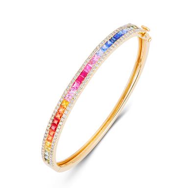 14 Karat Yellow Gold Mult-iColor Sapphire Bangle Bracelet With 3.52CT Princess Sapphires And 1.09CT Round H Vs2-Si1 Diamonds 
Length: 6.5