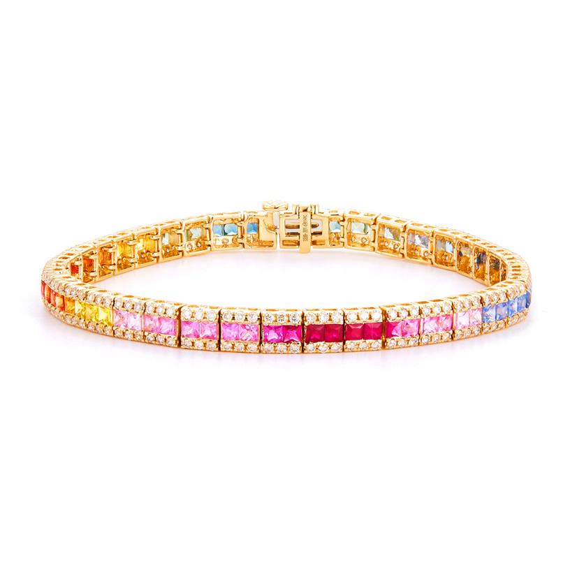 14 Karat Yellow Gold  Multi-Color Sapphire Tennis Bracelet With 7.08CT Princess Sapphires And 1.98CT Round  Diamonds Length: 7.5