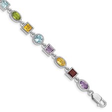 Sterling Silver Multi Color And Shape  Gemstone Bracelet  7 Inch