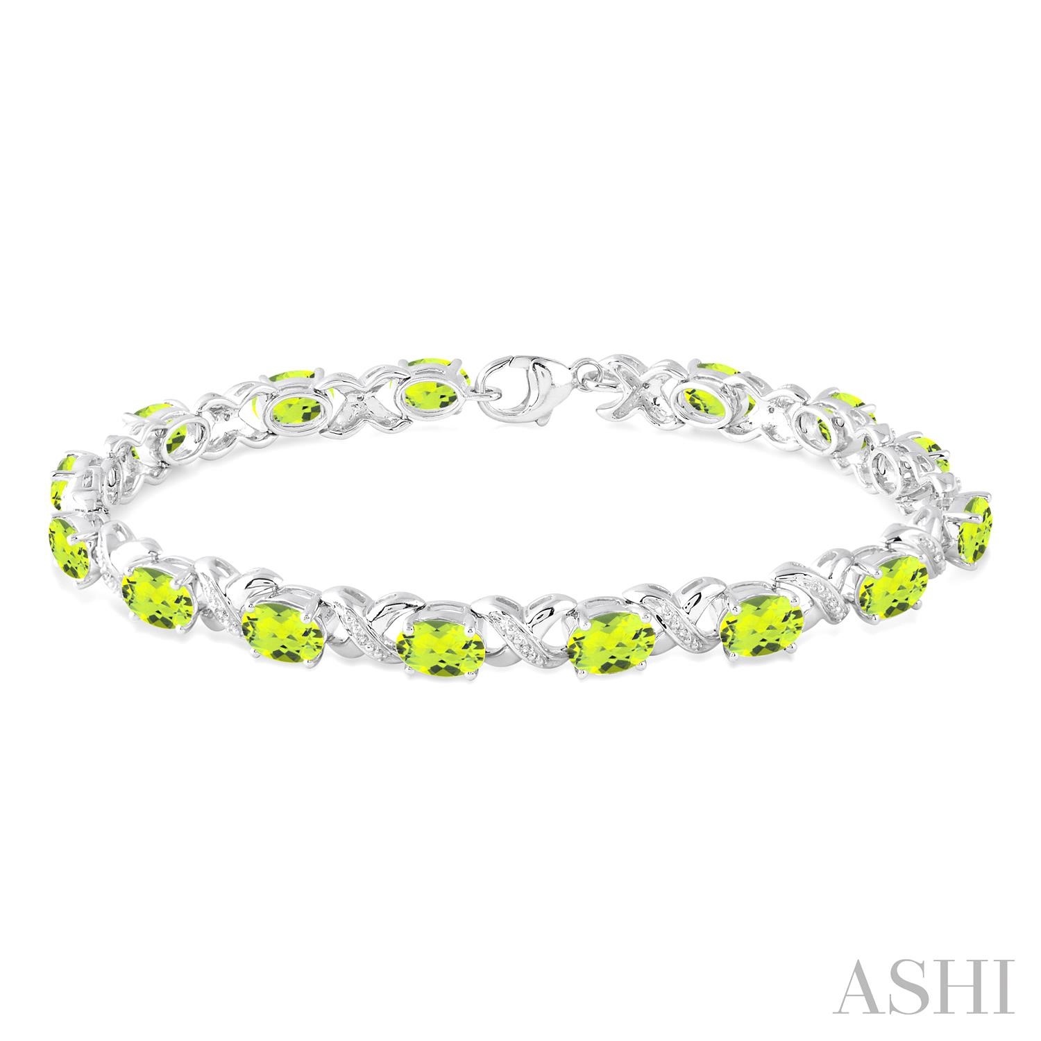 Sterling Silver Oval Shape Peridot And 0.05 Ct Diamond Bracelet 7.5 Inch