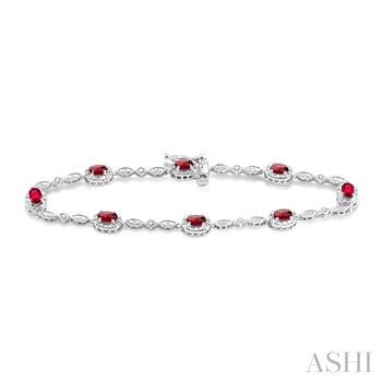 14 Karat White Gold 5X3 Oval Ruby And Diamond 0.05 Ct Bracelet 7 inch