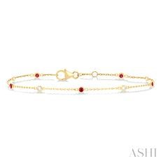 14 Karat Yellow Gold 0.10 Ct Round Brilliant Cut Diamond And 1.8 mm Ruby Station Link Bracelet 7 inch