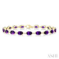 10 Karat Yellow Gold 6 X 4 Mm Oval Amethyst And Diamond 0.15 Ct Link Bracelet 7 Inch