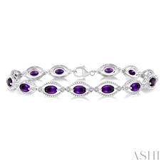 Sterling Silver Oval Amethyst And Single Cut Diamond Rope Edged Bracelet 7 inch