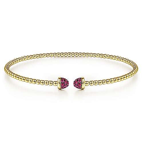 Gabriel & Co 14 KaratYellow Gold Bujukan Bead Cuff  Bracelet With Pave A Quality 20 Round Rubies  At 0.25Tw