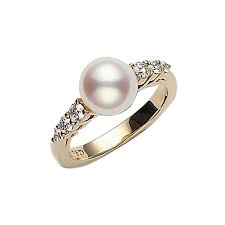 Mikimoto 18 Karat Yellow Gold Ring With One 8mm Akoya Pearl  And 6=0.31Tw Round Diamonds