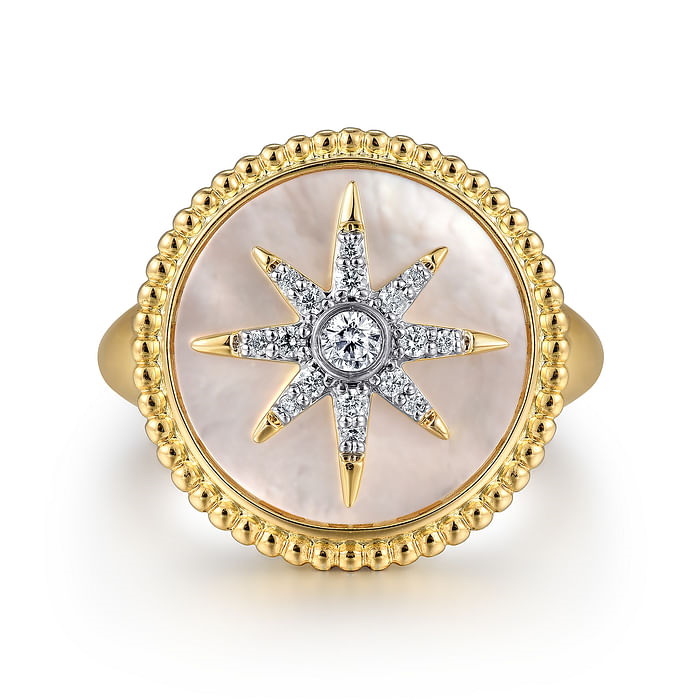 Gabriel & Co14K Yellow Gold Mother of Pearl Inlay and Diamond Starburst Signet Ring 0.14 Total Diamond Weight