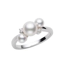 Mikimoto 18 Karat White Gold 4.0 Mm To 6.0 Mm Akoya A+ Pearl Bubble Ring With 0.02 Ct Diamonds