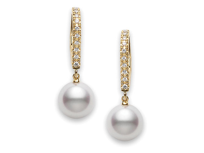 Mikimoto18K Yellow Gold  Earrings With 2=7.50mm A+ Quality Round Akoya Pearls And 20=0.08Tw Round Diamonds