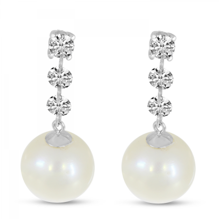 Brevani 14 Karat White Gold Dashing Diamonds 3-Stone 0.48CTW Drop Pearl 8mm Earrings