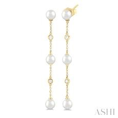 14 Karat Yellow Gold 5 Mm Pearl And 0.08 Ct Diamond Station Earrings