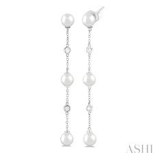 14 Karat White Gold 5 Mm Pearl And 0.08 Ct Diamond Station Earrings