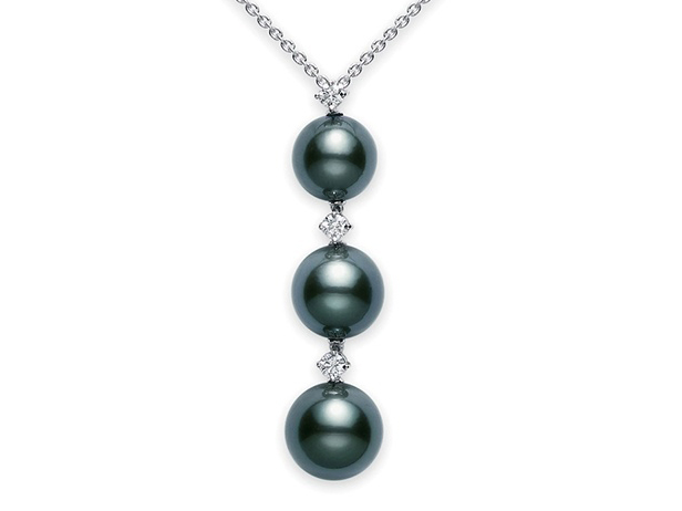 Mikimoto 18 Karat White Gold Pendant With 3=8-9.5mm Graduated Black South Sea Pearls Pendant  And 3=0.13Tw Round Diamonds