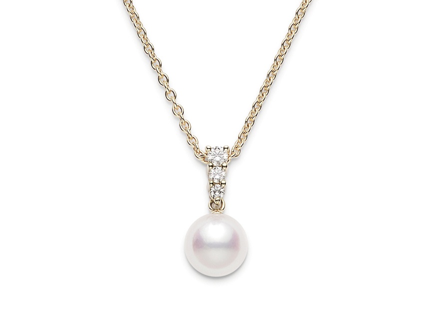 Mikimoto 18 Karat Yellow Gold Morning Dew  Pendant With One 8.00mm Round Akoya Pearl And 0.12Tw Round Diamonds On 18