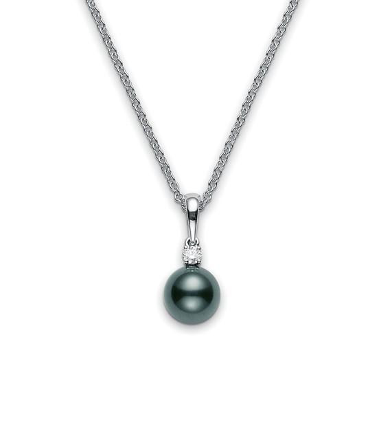 Mikimoto 18 Karat White Gold Pendant  9mm A+ Quality  Black South Sea Cultured And Diamond  One 0.10ct Diamond