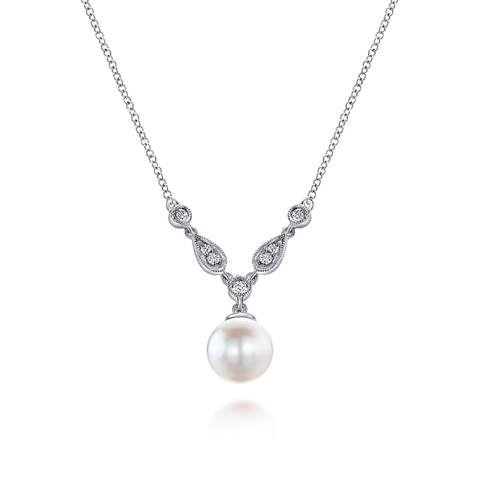 Gabriel & Co14K White Gold Cultured Pearl and Diamond Accent Necklace