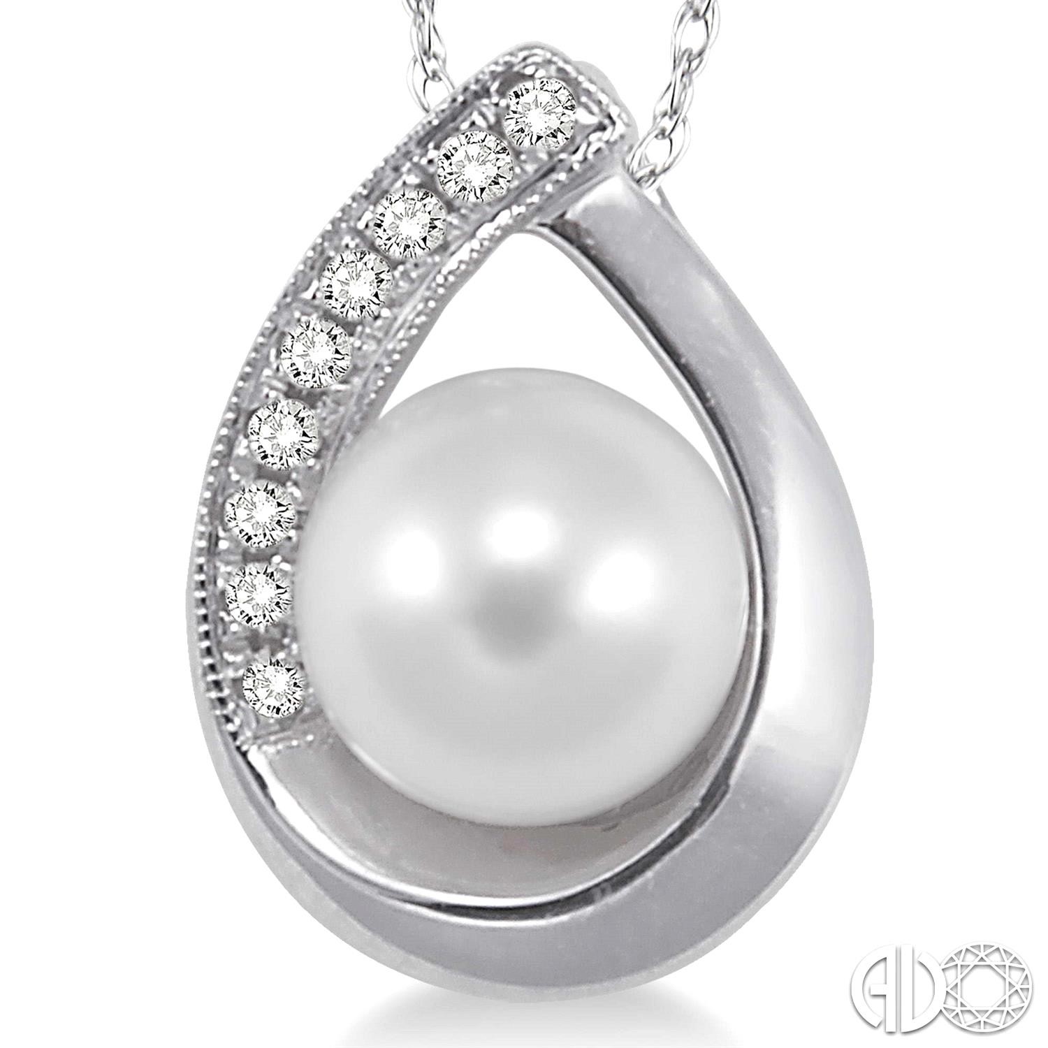 10 Karat White Gold 6.5 mm Pearl And Diamond Miligrain Pendant 18 Inch