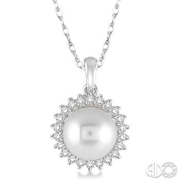 14 Karat White Gold 8mm Pearl And Diamond Halo Pendant 18 Inch