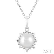 10 Karat white Gold 6mm Pearl And 0.10 Ct Diamond Halo Pendant 18 Inch