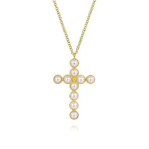 Gabriel & Co 14K Yellow Gold Pearl Cross Pendant Necklace
Chain Length: 17.5 Inch