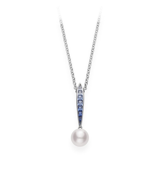 Mikimoto Akoya Cultured Pearl Ocean Pendant with Sapphire-18K White Gold
With 9=0.56Tw Princess Blue Sapphires And One 8mm Round A+ Akoya Pearl 
Adjustable 16