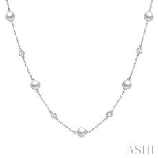 14 Karat White Gold 5mm Cultured Pearls And 0.25 Ct Round Cut Diamond Station Necklace