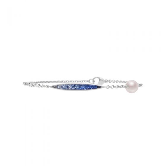 Mikimoto18 Karat White Gold Akoya Cultured Pearl Ocean Bracelet with Sapphire Bracelet 
With 9=0.83Tw Princess Blue Sapphires And One 6.00mm Round A+ Akoya Pearl
7 Inch Length