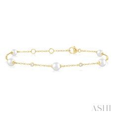 14 Karat Yellow Gold 5 mm Pearl And 0.15 Ct Diamond Station Bracelet 7 Inch