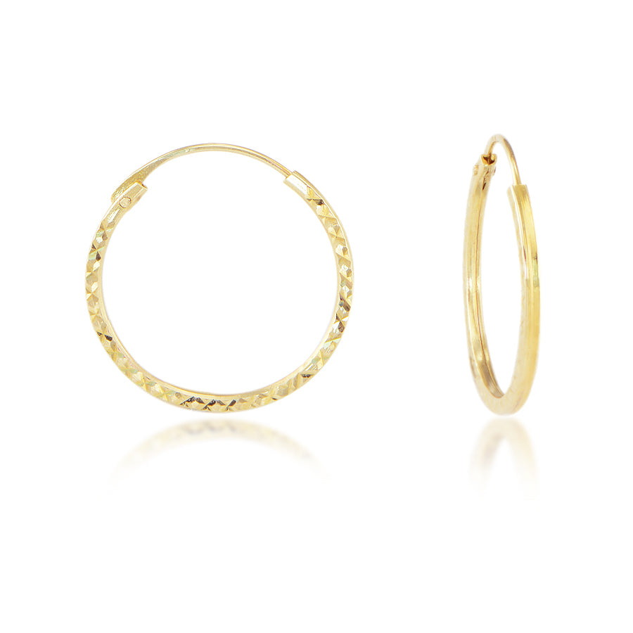 14K Yellow Gold 15mm Diamond Cut Square Tube Endless Hoop Earrings