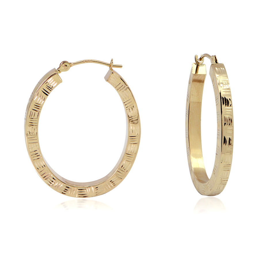 14K Yellow Gold Diamond Cut Square Tube Oval Hoop Earrings