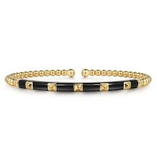 Gabriel & Co14K Yellow Gold Bujukan Beads and Pyramid Split Bangle with Black Enamel