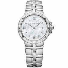 Raymond Weil Parsifal Ladies Mother-of-Pearl Quartz Watch (5180-ST-00995)
30 mm, stainless steel bracelet, white mother-of-pearl dial, silver Roman numerals, 8 diamonds