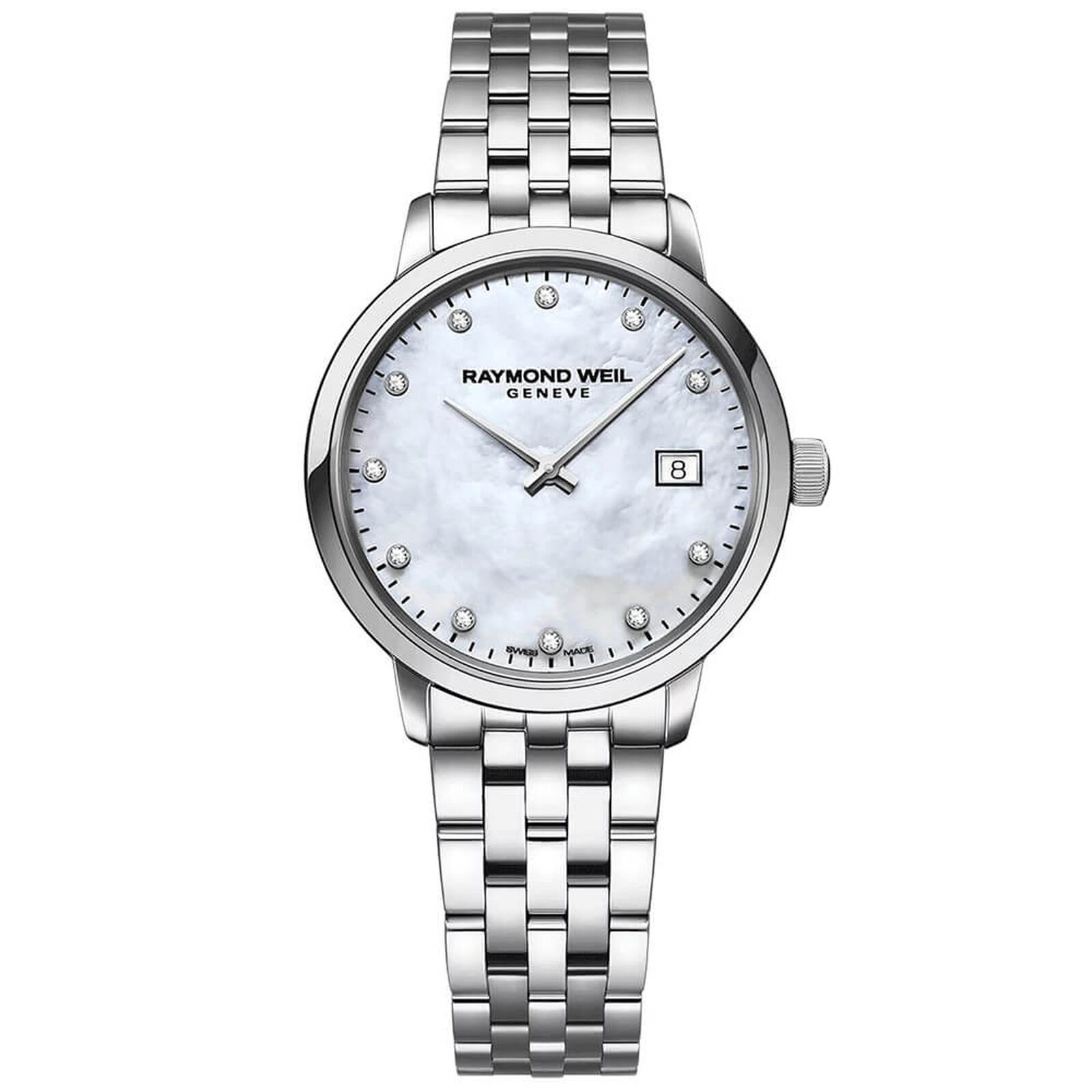 Raymond Weil Toccata Ladies White Mother-of-Pearl Diamond Quartz Watch (5985-ST-97081)
29 mm, stainless steel, white mother-of-pearl dial, 11 diamonds