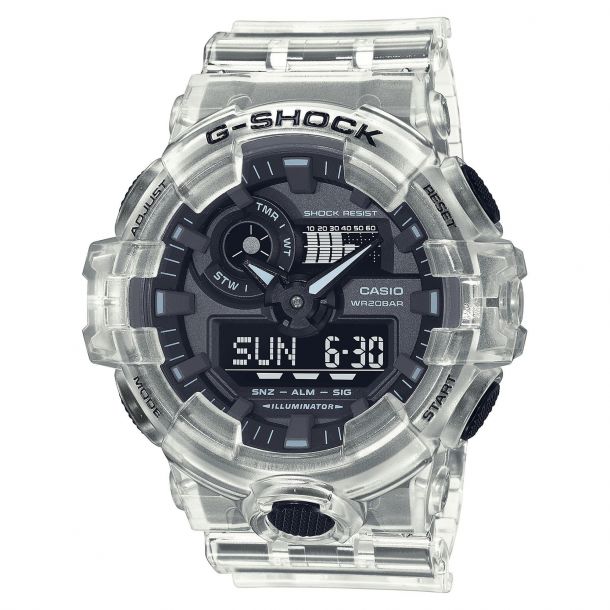 CASIO:  G ShockResin Digital Multi Function Watch
Transparent Pack
Name Of Bracelet: White Skeleton
Clasp: Tang Buckle
Dial Color: Black