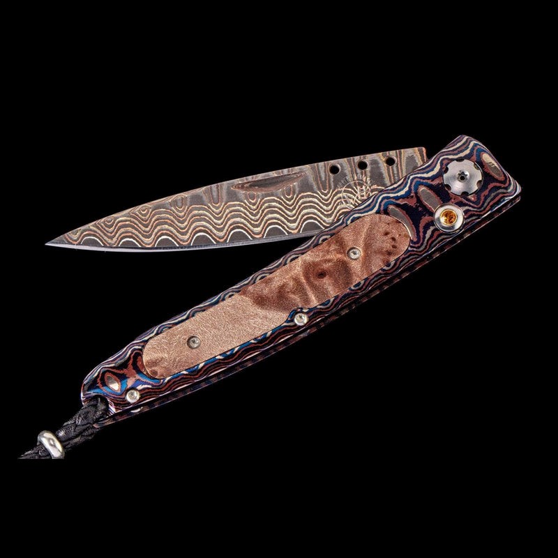 William Henry Wave Mokume Copper Wave Damascus With Maple Burl Wood Inlay And Spesserite