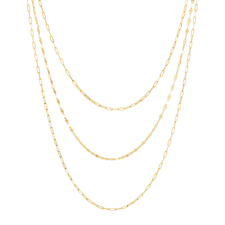 14Ky Polished Layered Paperclip & Mirror Necklace - 16"