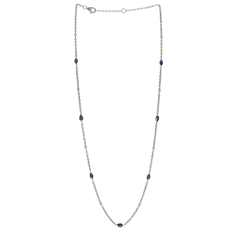 14Kw Bezel Set Mq. & Ps Sapphire Station Necklace W/Diamond Accents  S=.1.02Cttw D=.12Cttw