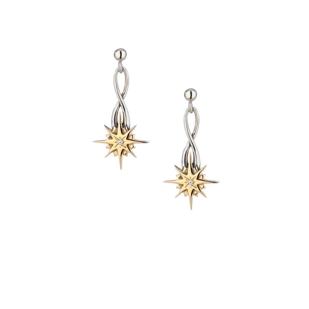 S/Sil + 10K Compass With White Sapphire Star Post Dangle Earrings