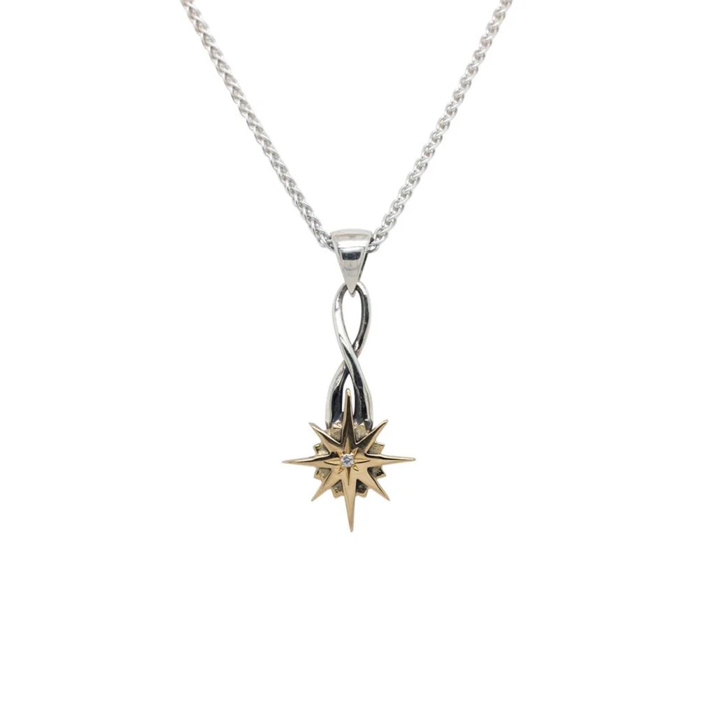 S/Sil + 10K Compass With White Sapphire Star - Small Pendant