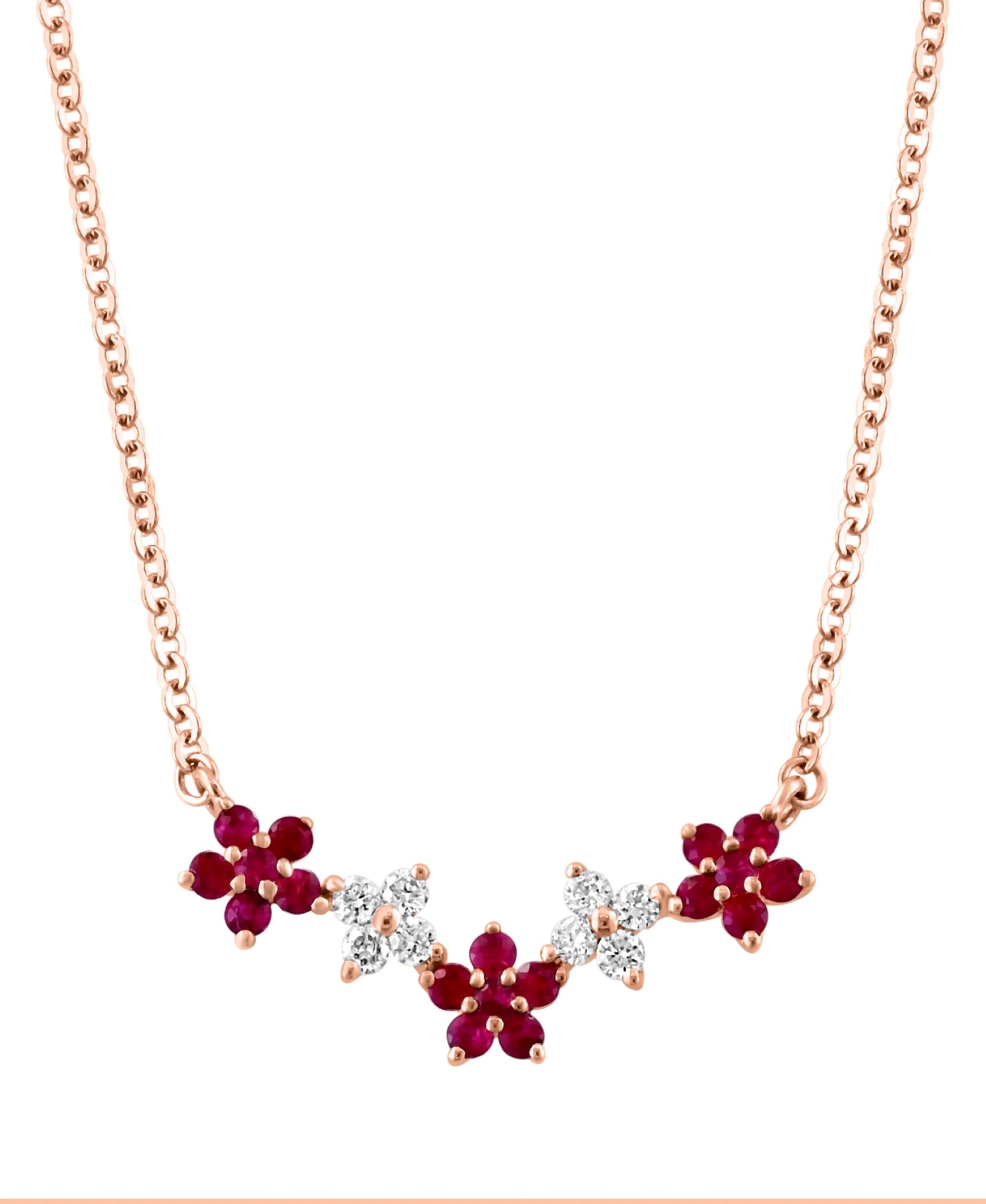 14KRG RUBY&DIA FLOWER NECKLACE D=.12