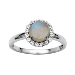 Ss Blue Rainbow Moonstone & White Topaz Ring