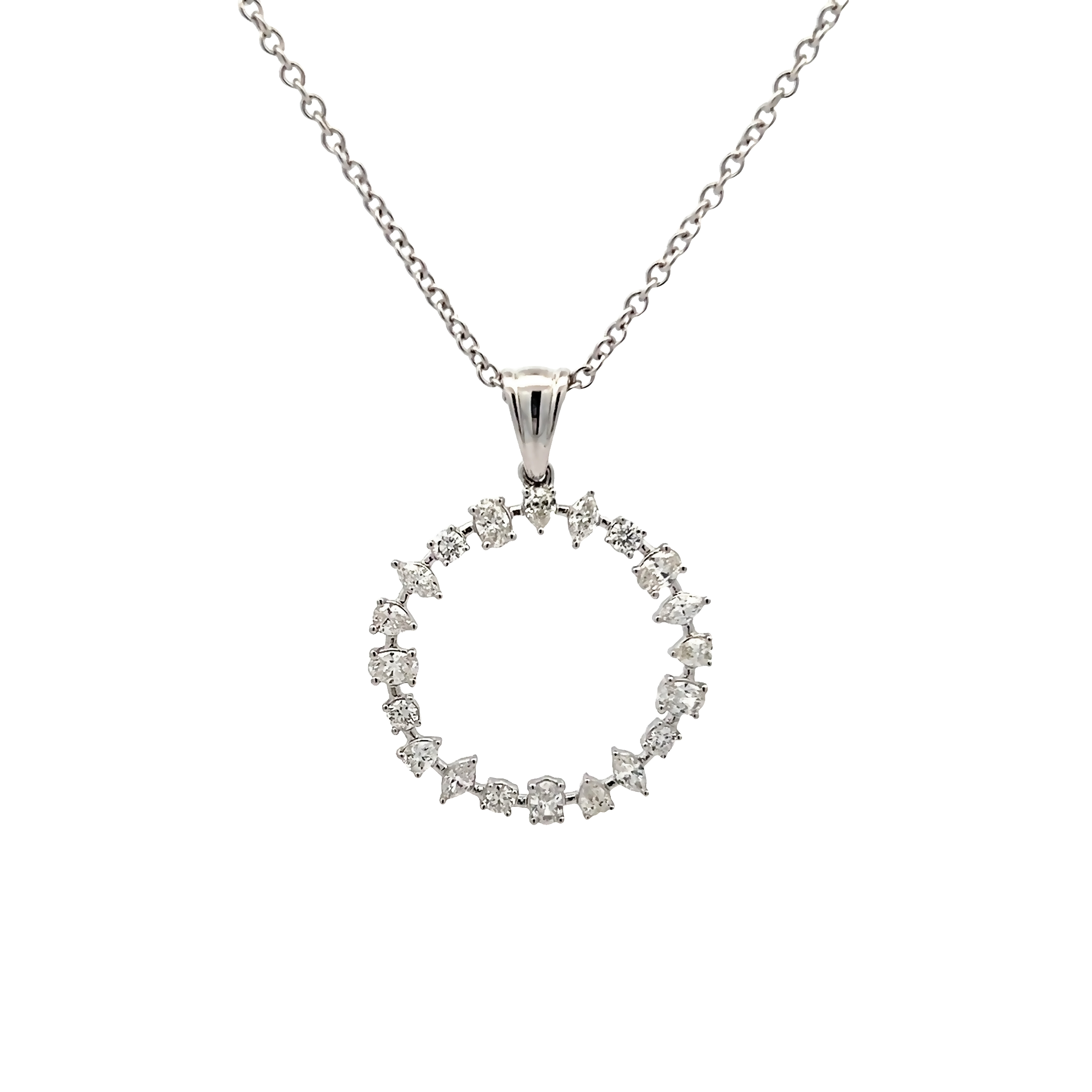 14k White Gold Mixed Cut Diamond Circle Pendant Necklace