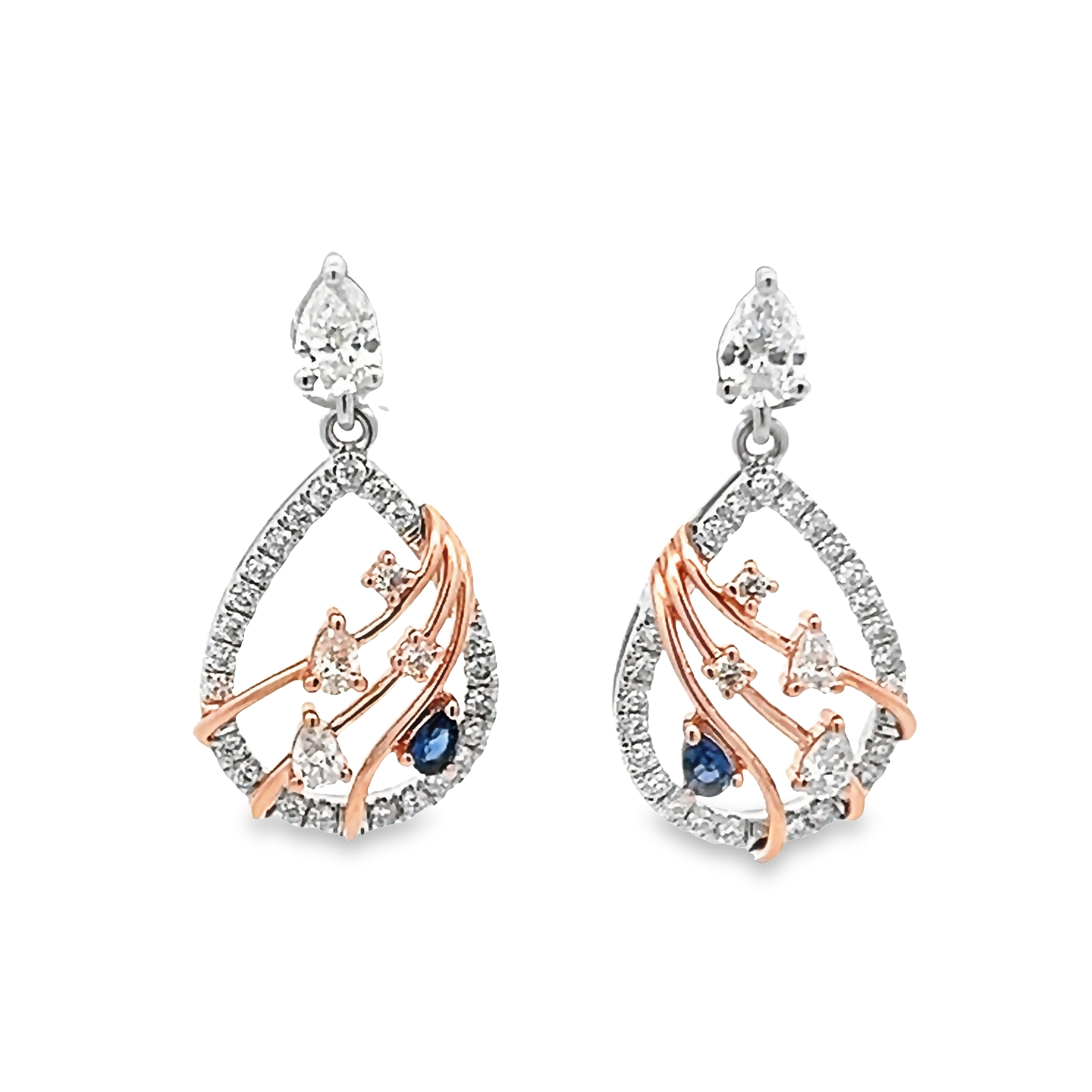 14k Two Toned Free Form Diamond And Sapphire Earrings