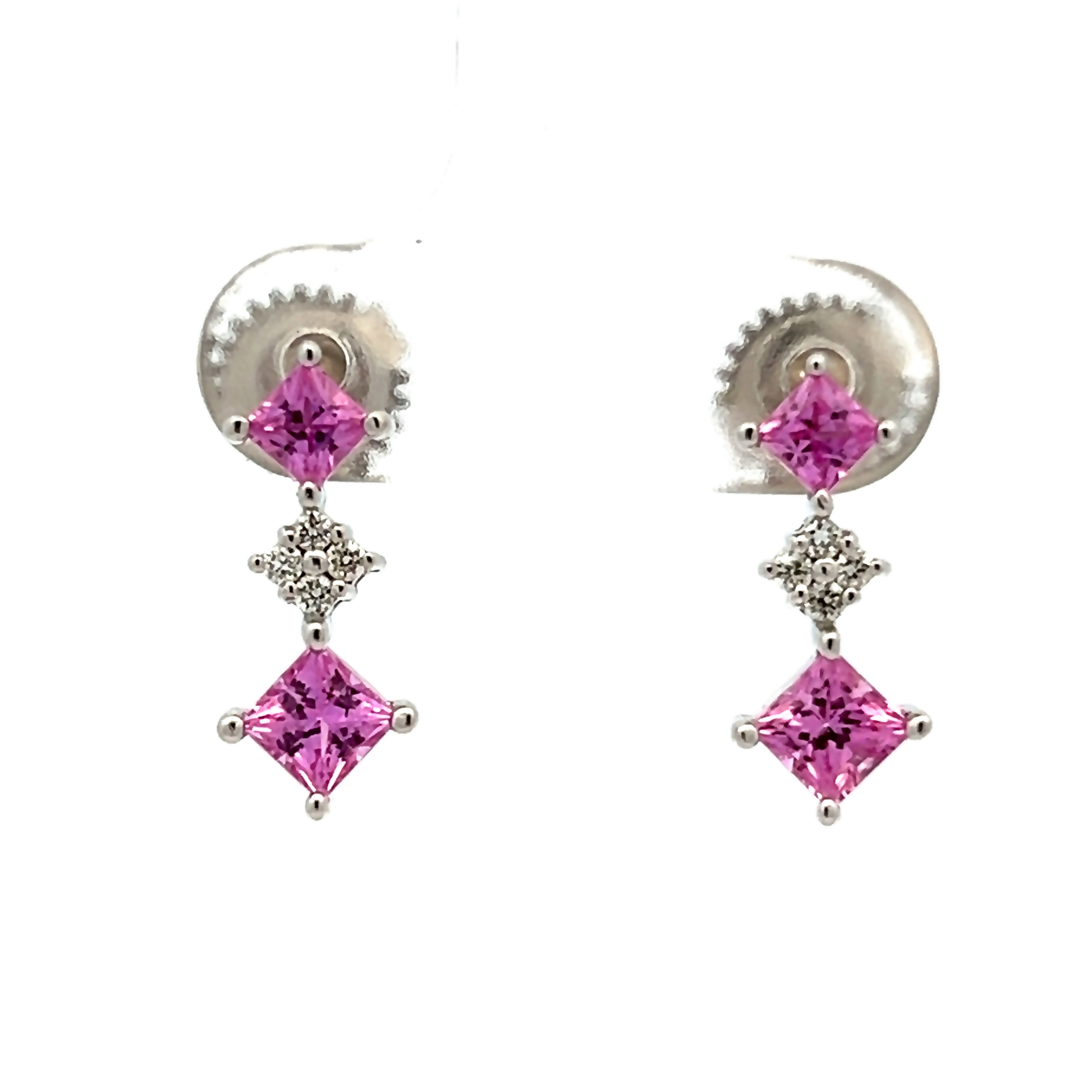 14k White Gold Princess Cut Pink Sapphire Earrings