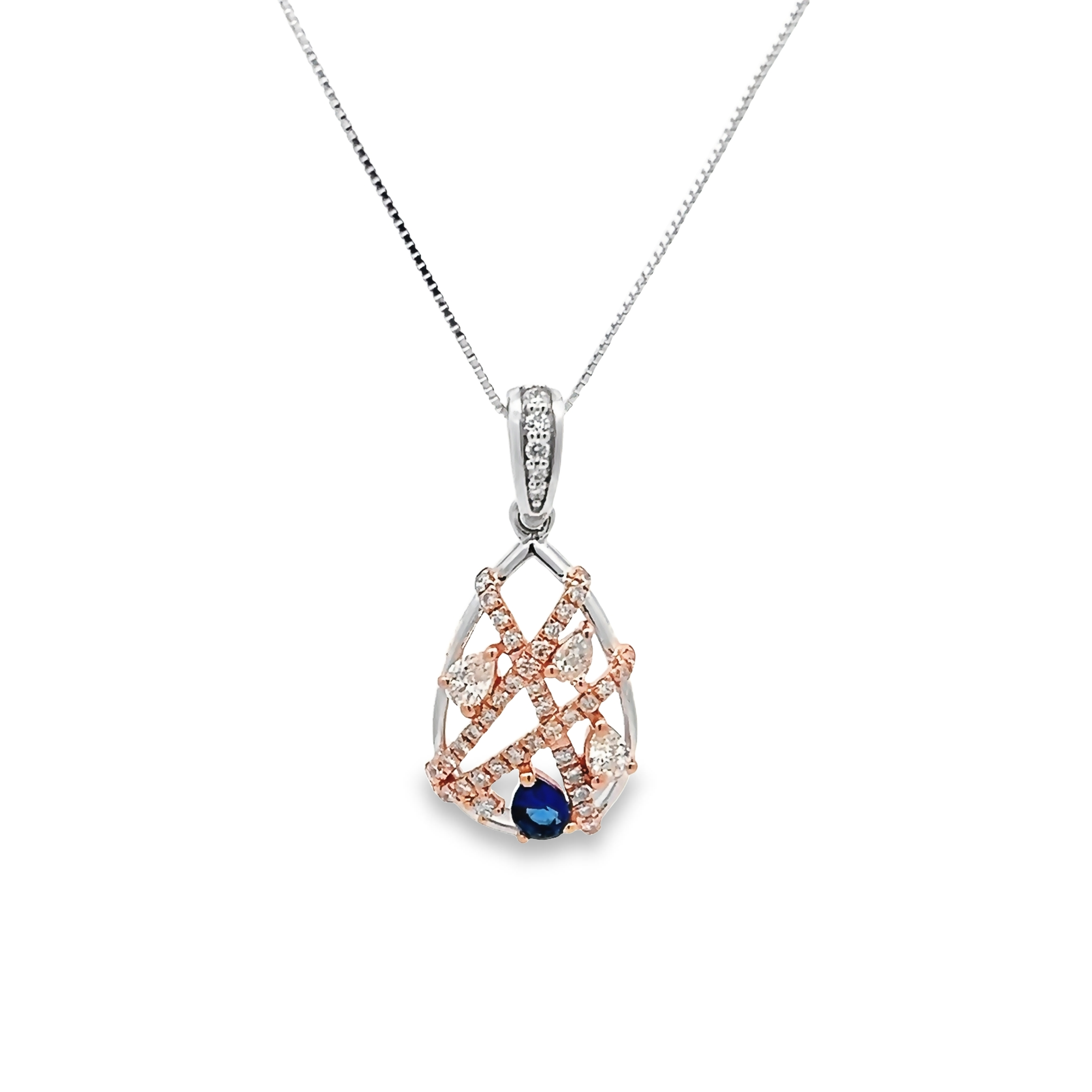 14k Two Toned Free Form Diamond And Sapphire Pendant Necklace