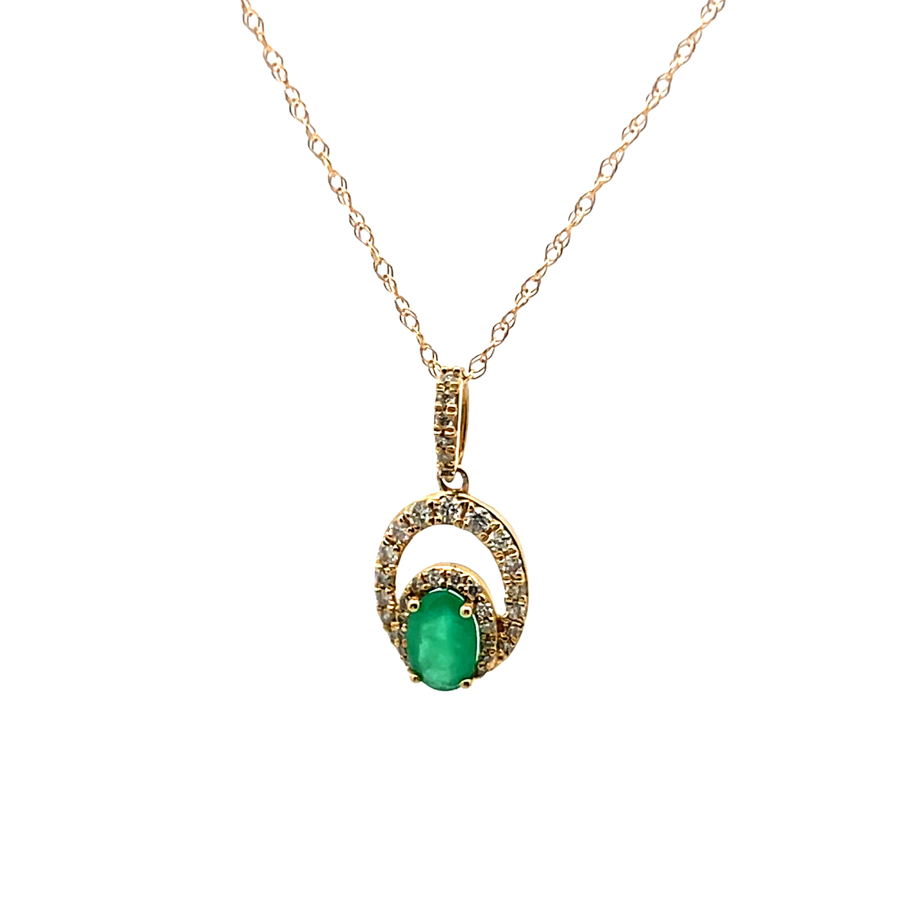 14k Yellow Gold Emerald And Diamond Pendant Necklace