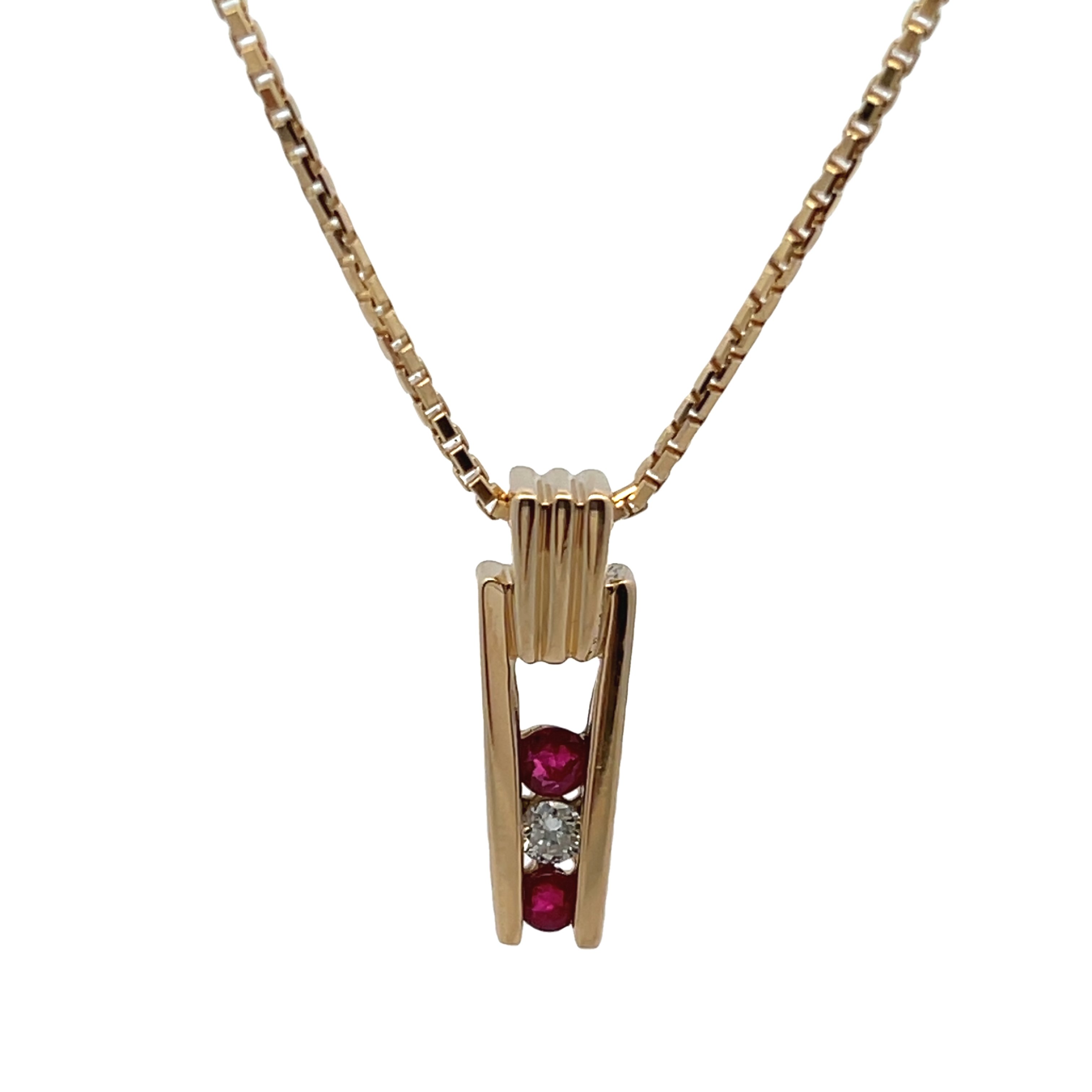 14k Yellow Gold Drop Pendant Diamond And Ruby Necklace