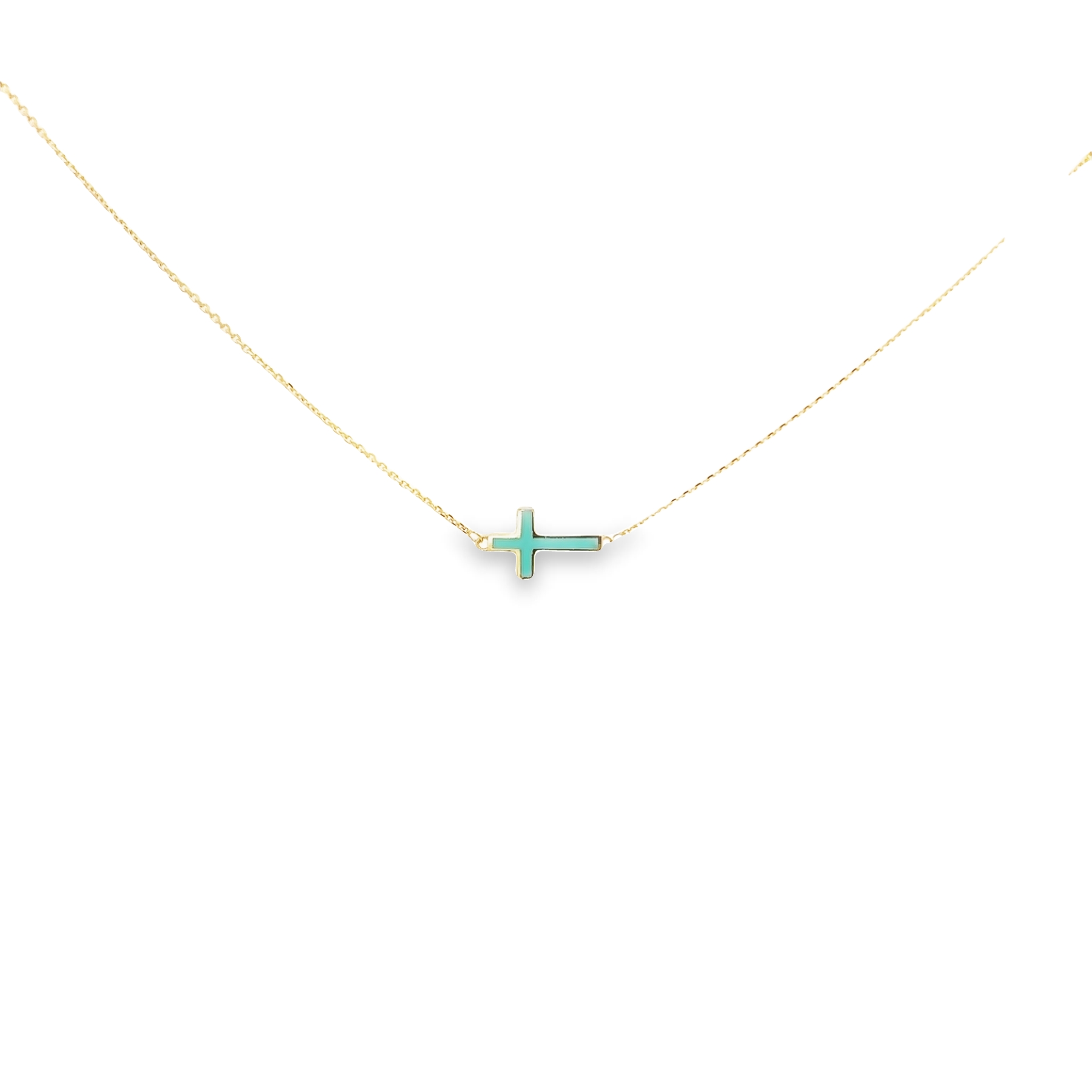 14k Yellow Gold East-west Turquoise Cross Necklace